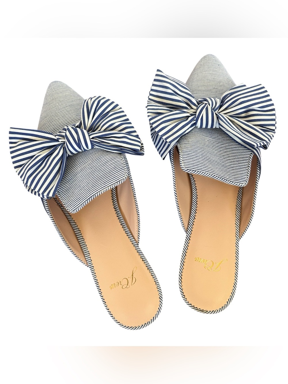 J. Crew | Women’s Blue/White Striped Bow Pointed-Toe Slip On Mules Flats Size 8